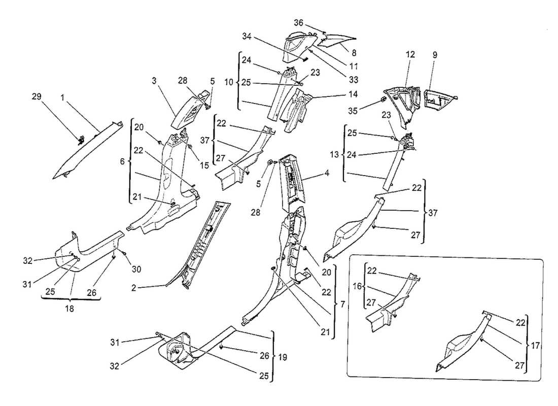 maserati qtp. v8 3.8 530bhp 2014 schema delle parti dei pannelli di rivestimento del montante b e dei pannelli laterali dell'abitacolo