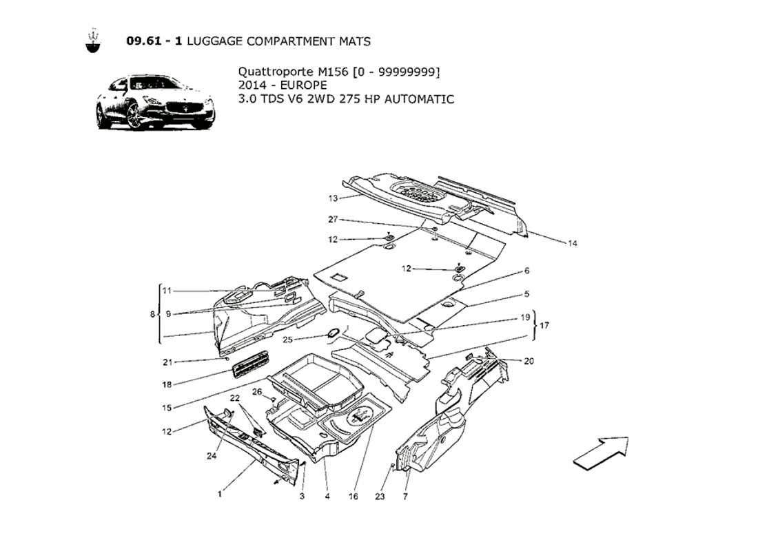 maserati qtp. v6 3.0 tds 275bhp 2014 diagramma delle parti dei tappetini del vano bagagli