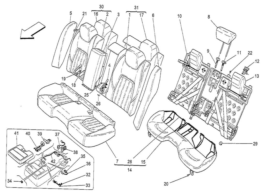 maserati qtp. v8 3.8 530bhp 2014 sedili posteriori: schema delle parti dei pannelli di rivestimento