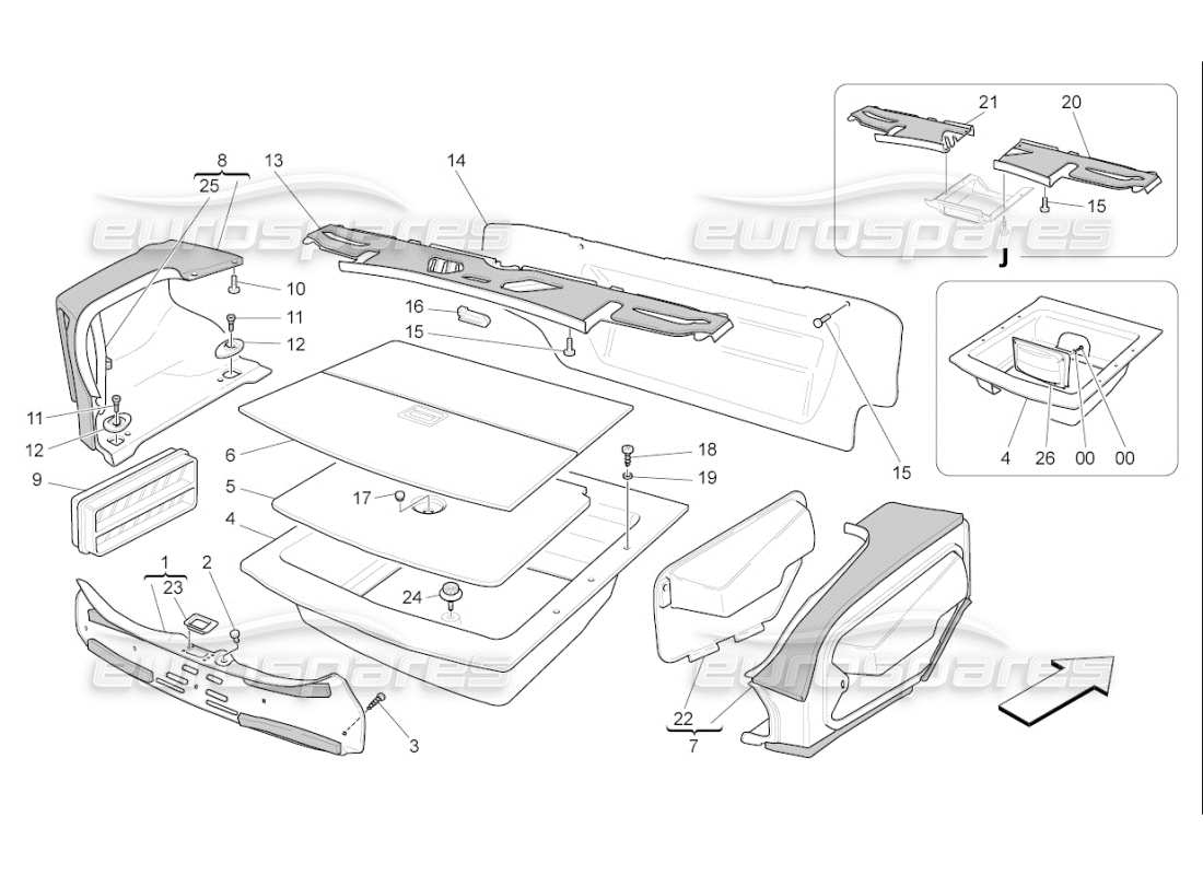 maserati qtp. (2009) 4.7 auto diagramma delle parti dei tappetini del vano bagagli