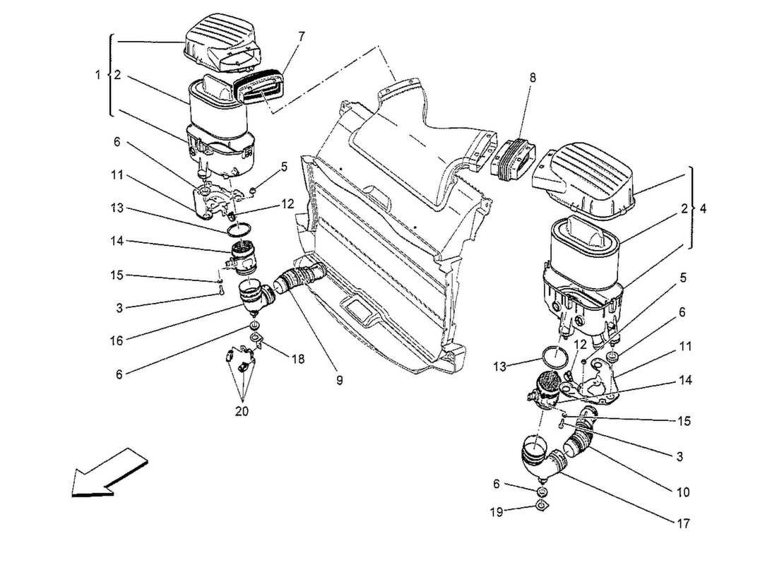 maserati qtp. v8 3.8 530bhp 2014 diagramma delle parti del filtro dell'aria, della presa d'aria e dei condotti