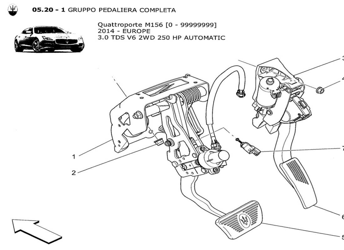 maserati qtp. v6 3.0 tds 250bhp 2014 schema completo delle parti dell'unità pedaliera