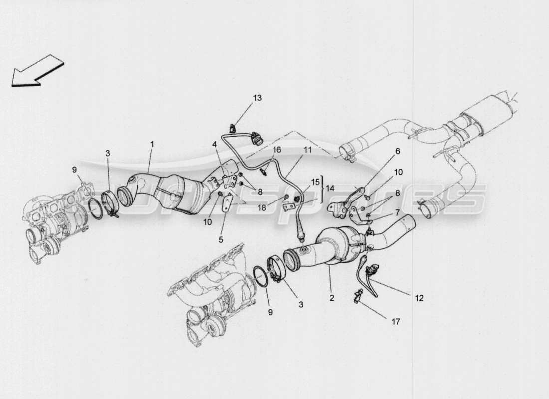 maserati qtp. v8 3.8 530bhp auto 2015 diagramma delle parti dei convertitori pre-catalitici e dei convertitori catalitici