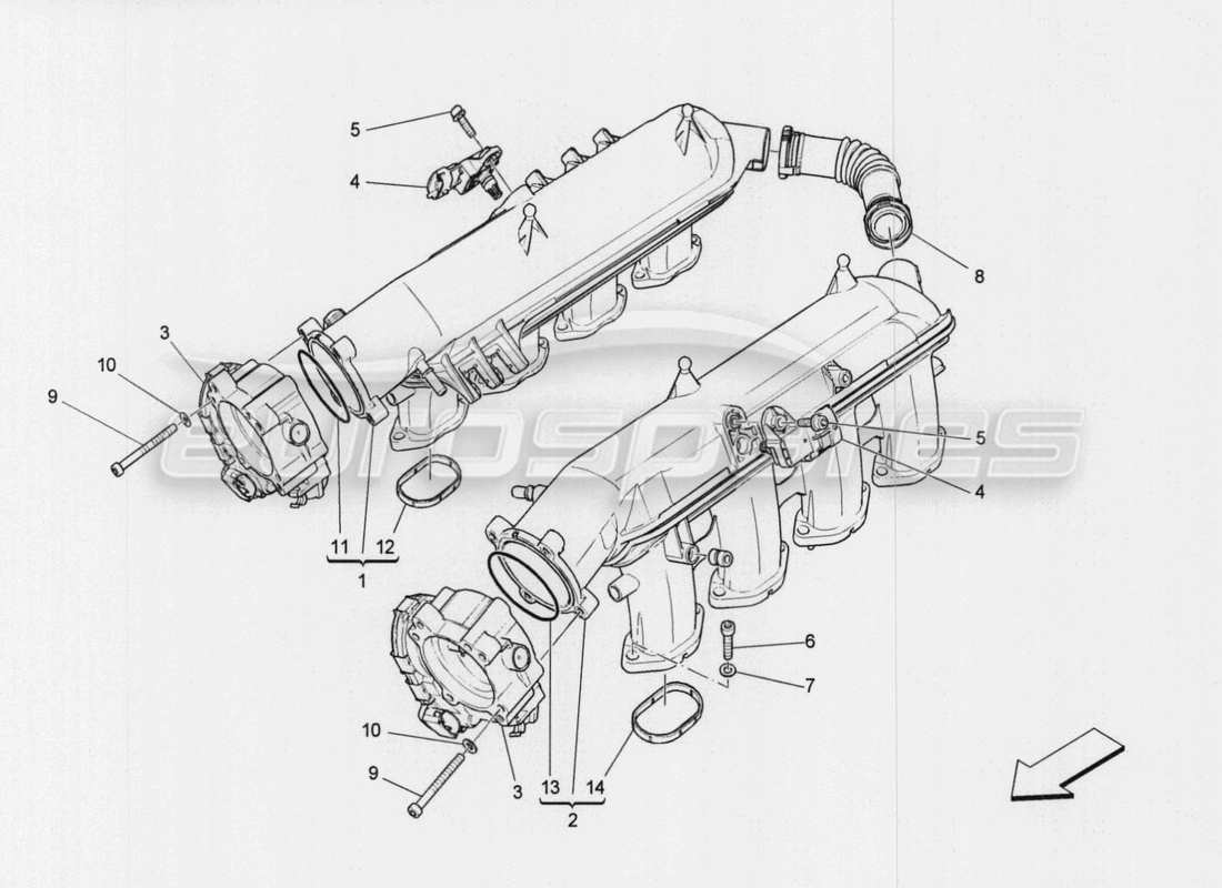 maserati qtp. v8 3.8 530bhp auto 2015 schema della parte del collettore di aspirazione e del corpo farfallato