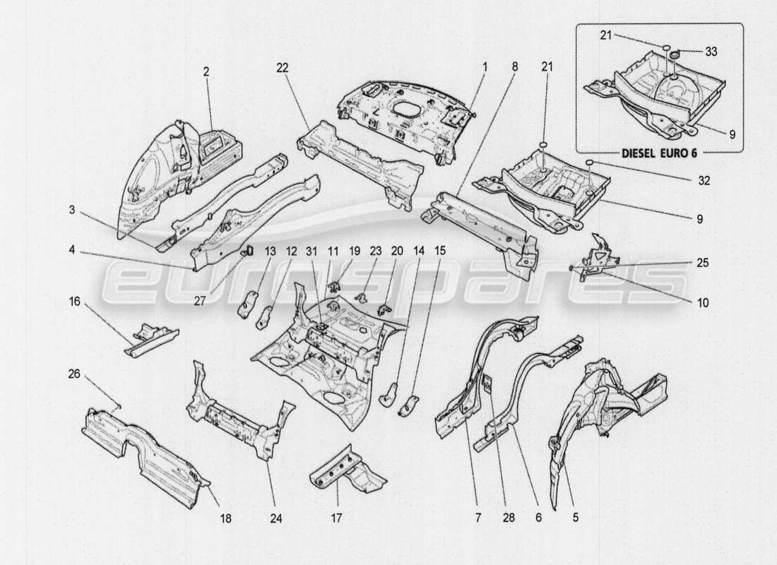 maserati qtp. v8 3.8 530bhp auto 2015 schema delle parti dei telai strutturali centrali e dei pannelli in lamiera