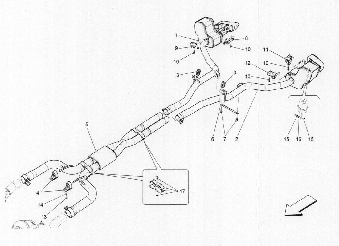 maserati qtp. v6 3.0 bt 410bhp 2015 diagramma delle parti dei silenziatori