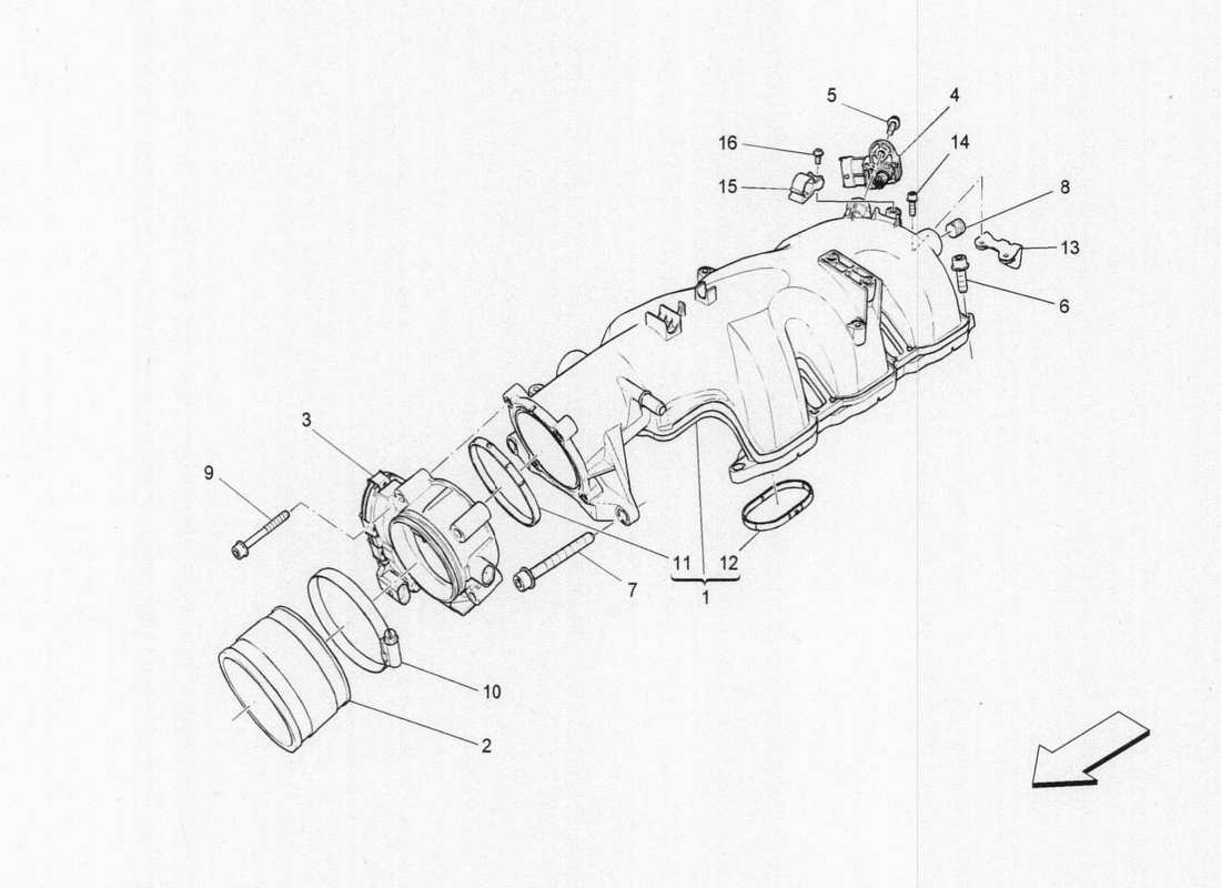 maserati qtp. v6 3.0 bt 410bhp 2015 schema della parte del collettore di aspirazione e del corpo farfallato