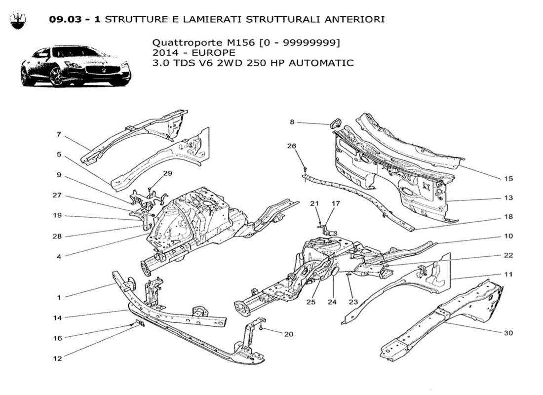 maserati qtp. v6 3.0 tds 250bhp 2014 schema delle parti dei telai strutturali anteriori e dei pannelli in lamiera