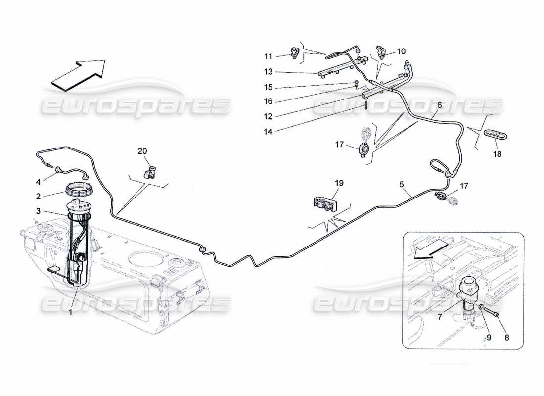 maserati qtp. (2010) 4.7 diagramma delle parti delle pompe del carburante e delle linee di collegamento