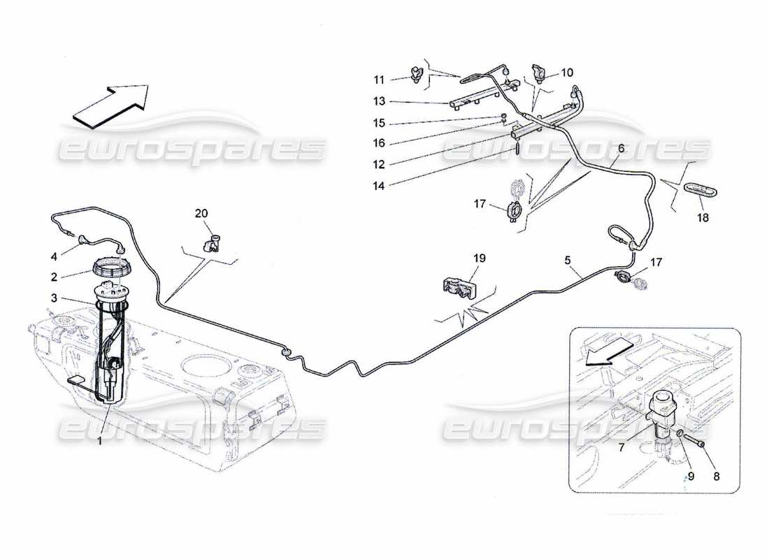 maserati qtp. (2010) 4.7 diagramma delle parti delle pompe del carburante e delle linee di collegamento