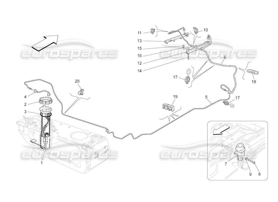 maserati qtp. (2011) 4.2 auto diagramma delle parti delle pompe del carburante e delle linee di collegamento