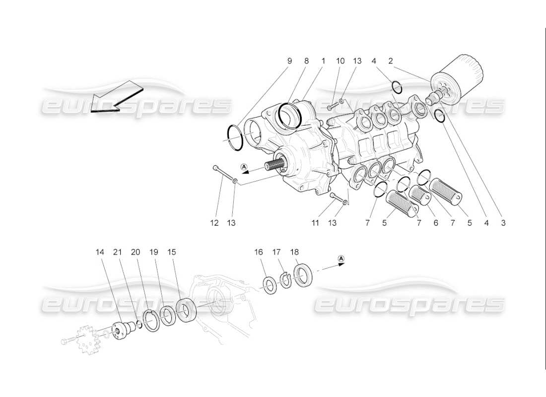 maserati qtp. (2007) 4.2 f1 sistema di lubrificazione: diagramma delle parti di pompa e filtro