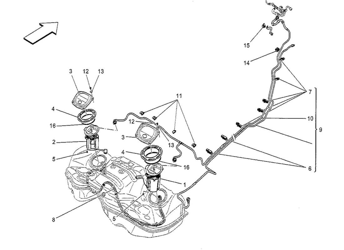 maserati qtp. v8 3.8 530bhp 2014 diagramma delle parti delle pompe del carburante e delle linee di collegamento