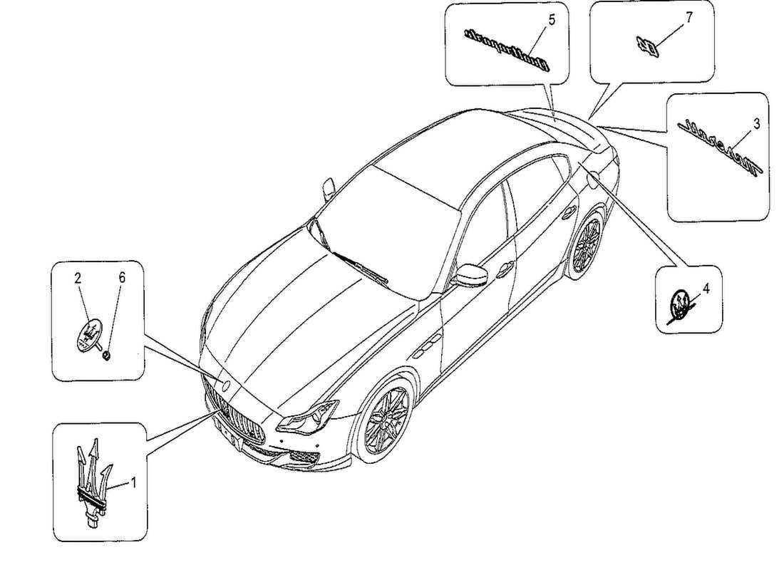 maserati qtp. v8 3.8 530bhp 2014 diagramma delle parti di finiture, marchi e simboli