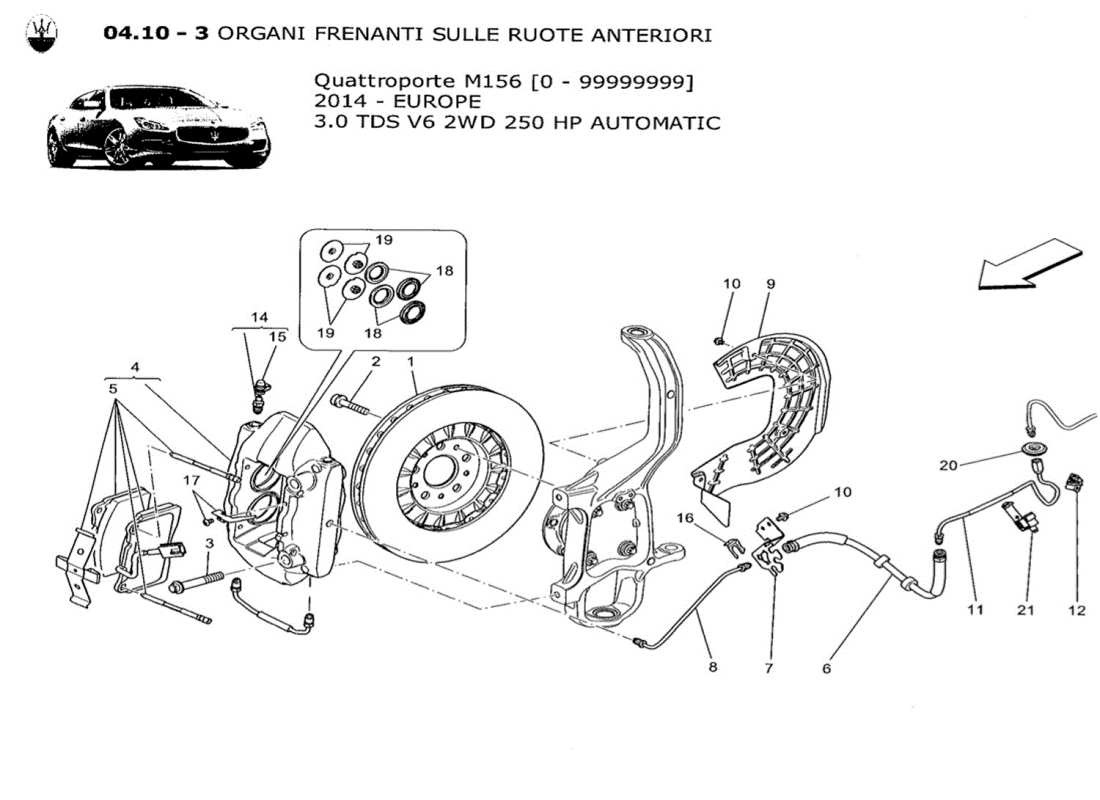 maserati qtp. v6 3.0 tds 250bhp 2014 schema parziale dei dispositivi di frenatura sulle ruote anteriori
