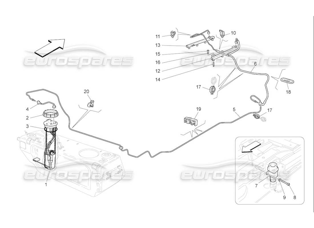 maserati qtp. (2010) 4.7 auto diagramma delle parti delle pompe del carburante e delle linee di collegamento