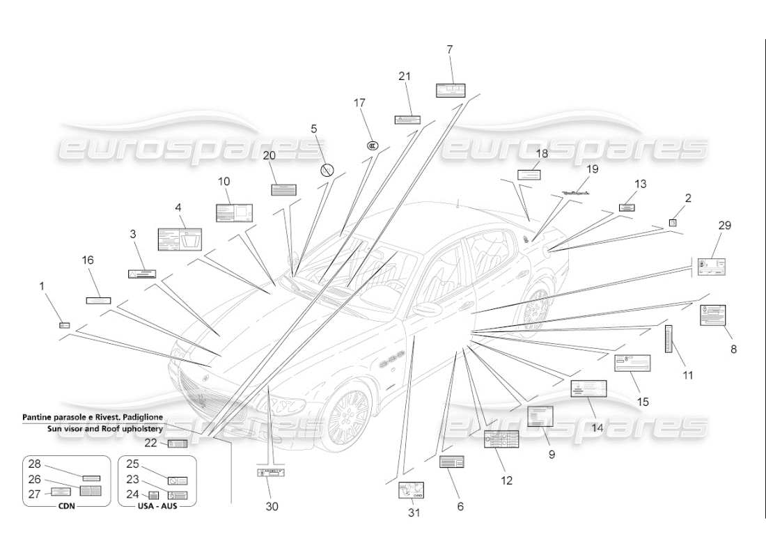 maserati qtp. (2010) 4.7 auto diagramma delle parti di adesivi ed etichette