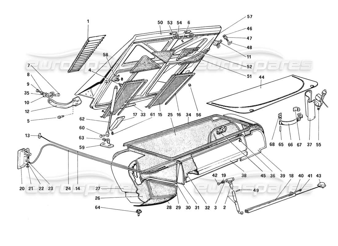 ferrari 308 gtb (1980) schema delle parti della copertura del cofano posteriore e del vano bagagli (varianti per versioni rhd - aus).