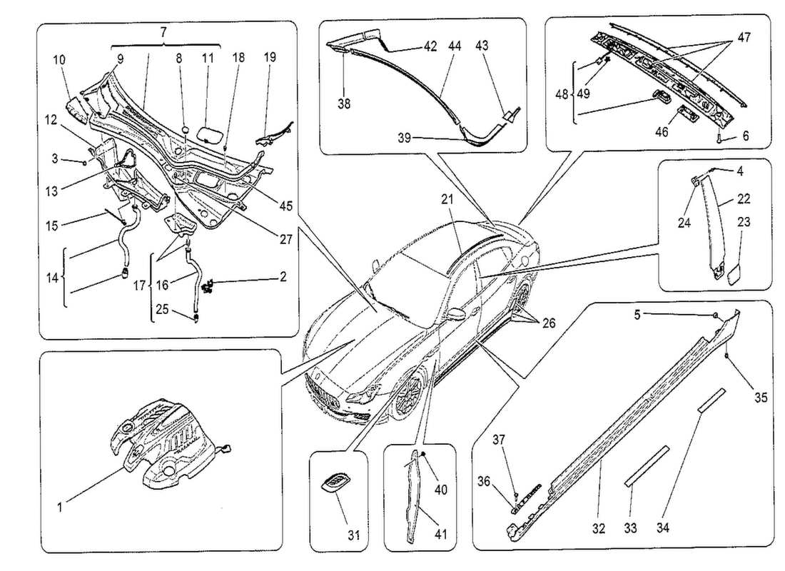 maserati qtp. v8 3.8 530bhp 2014 schema delle parti di scudi, finiture e pannelli di copertura
