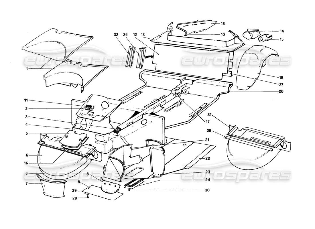 ferrari 308 gtb (1980) scocca - elementi interni (varianti per guida a destra - versioni aus) diagramma delle parti