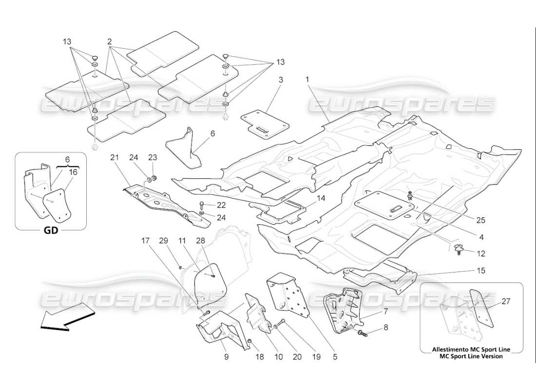 maserati qtp. (2008) 4.2 auto tappetini abitacolo diagramma delle parti