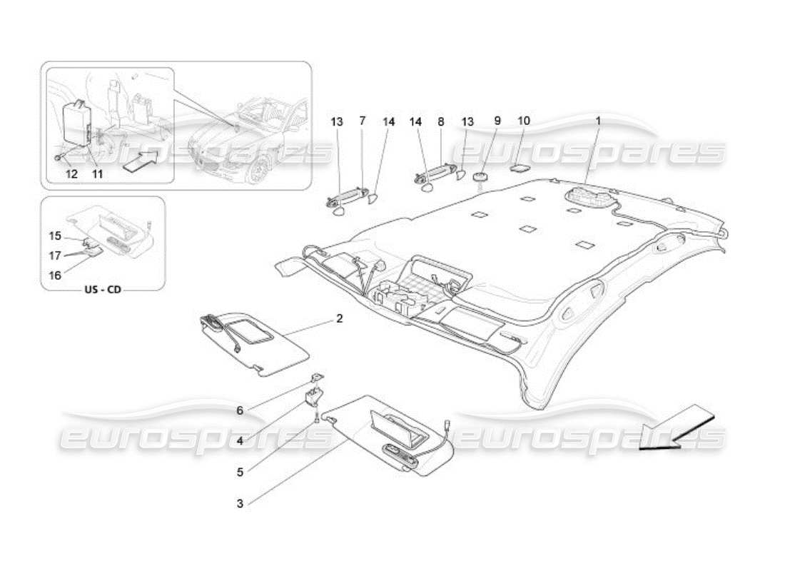 maserati qtp. (2005) 4.2 diagramma delle parti del tetto e delle alette parasole