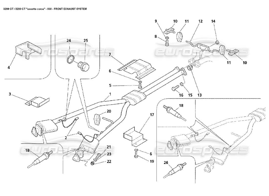 maserati 3200 gt/gta/assetto corsa sistema di scarico anteriore schema delle parti