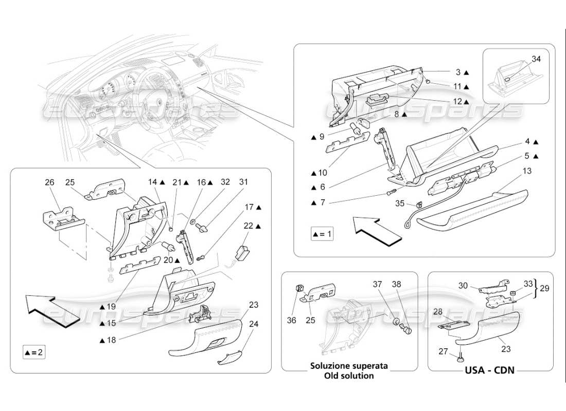 maserati qtp. (2009) 4.7 auto diagramma delle parti dei vani portaoggetti