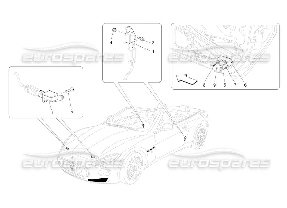 maserati grancabrio (2010) 4.7 diagramma delle parti dei sensori di collisione