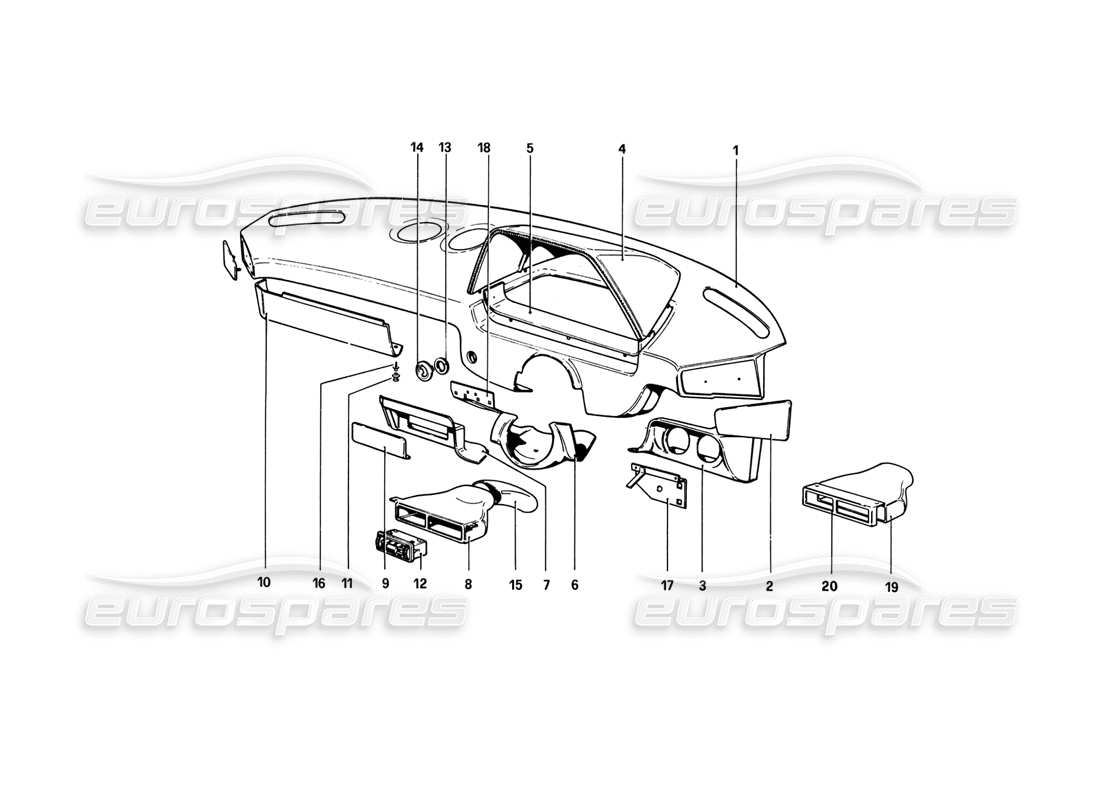 ferrari 308 gtb (1980) diagramma delle parti del quadro strumenti (varianti per versioni rhd - aus).