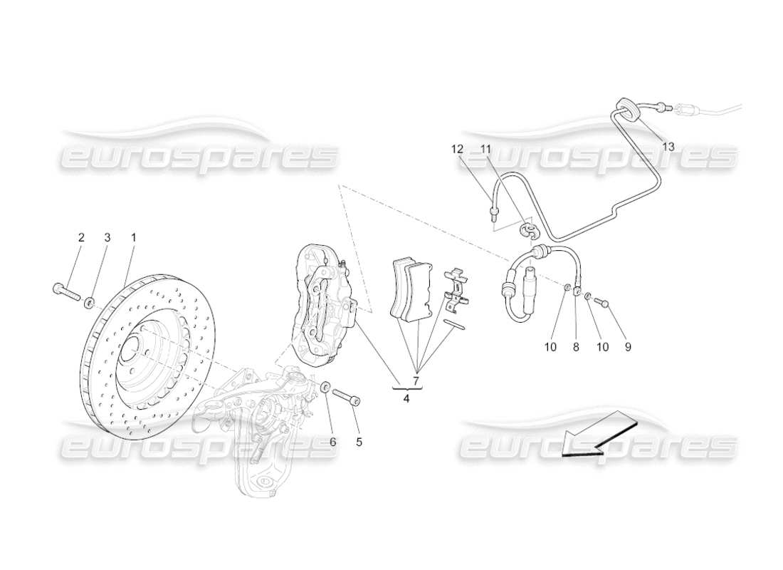 maserati grancabrio (2010) 4.7 schema parziale dei dispositivi di frenatura sulle ruote anteriori