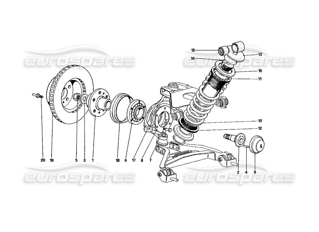 ferrari 328 (1985) sospensione anteriore - ammortizzatore e disco freno schema delle parti