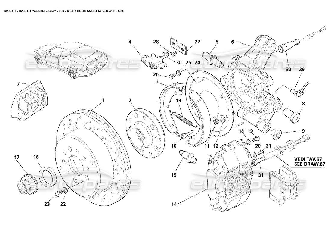 maserati 3200 gt/gta/assetto corsa mozzi posteriori e freni abs diagramma delle parti