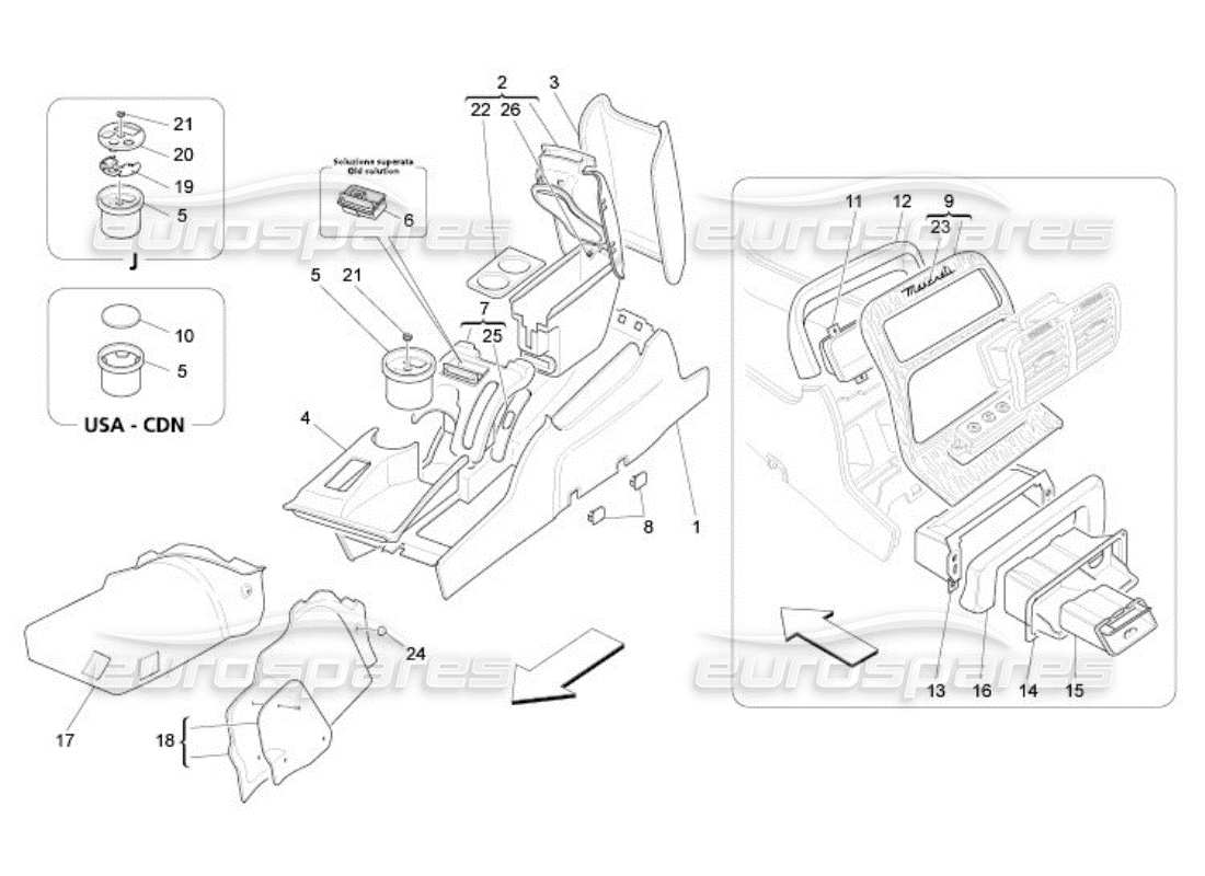 maserati qtp. (2005) 4.2 schema delle parti della console accessoria e della console centrale