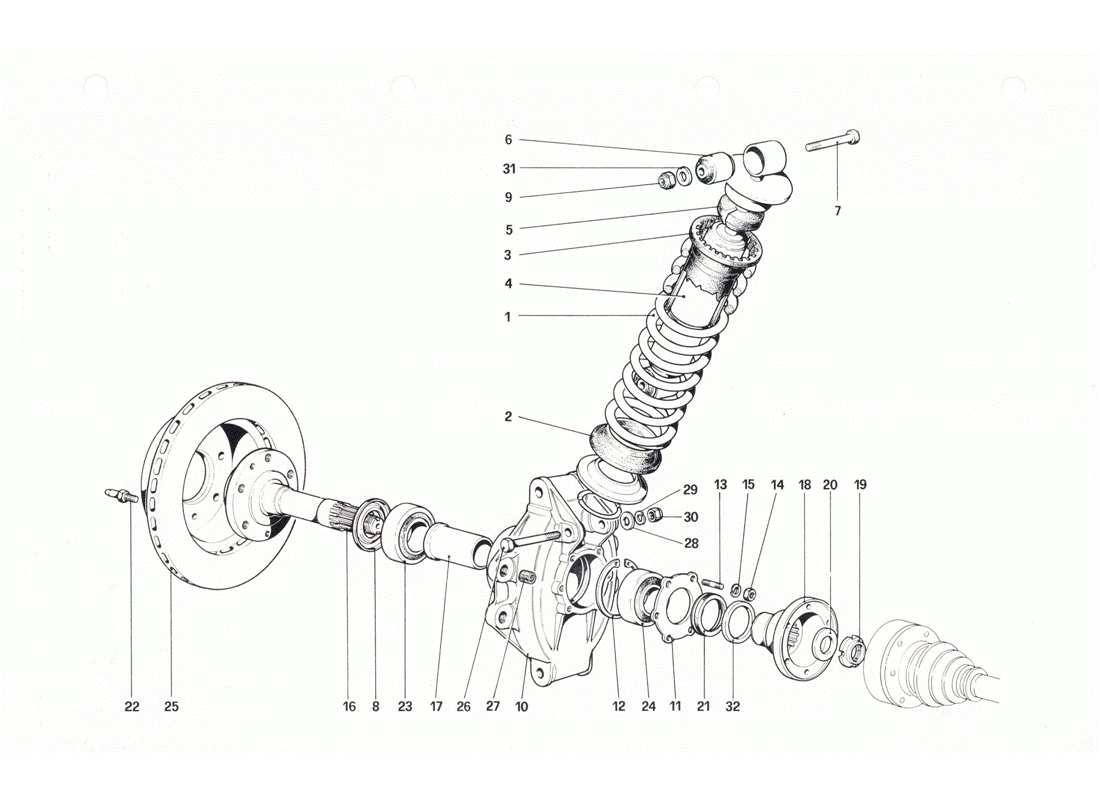 ferrari 208 gtb gts sospensione posteriore - ammortizzatore e disco freno schema parte