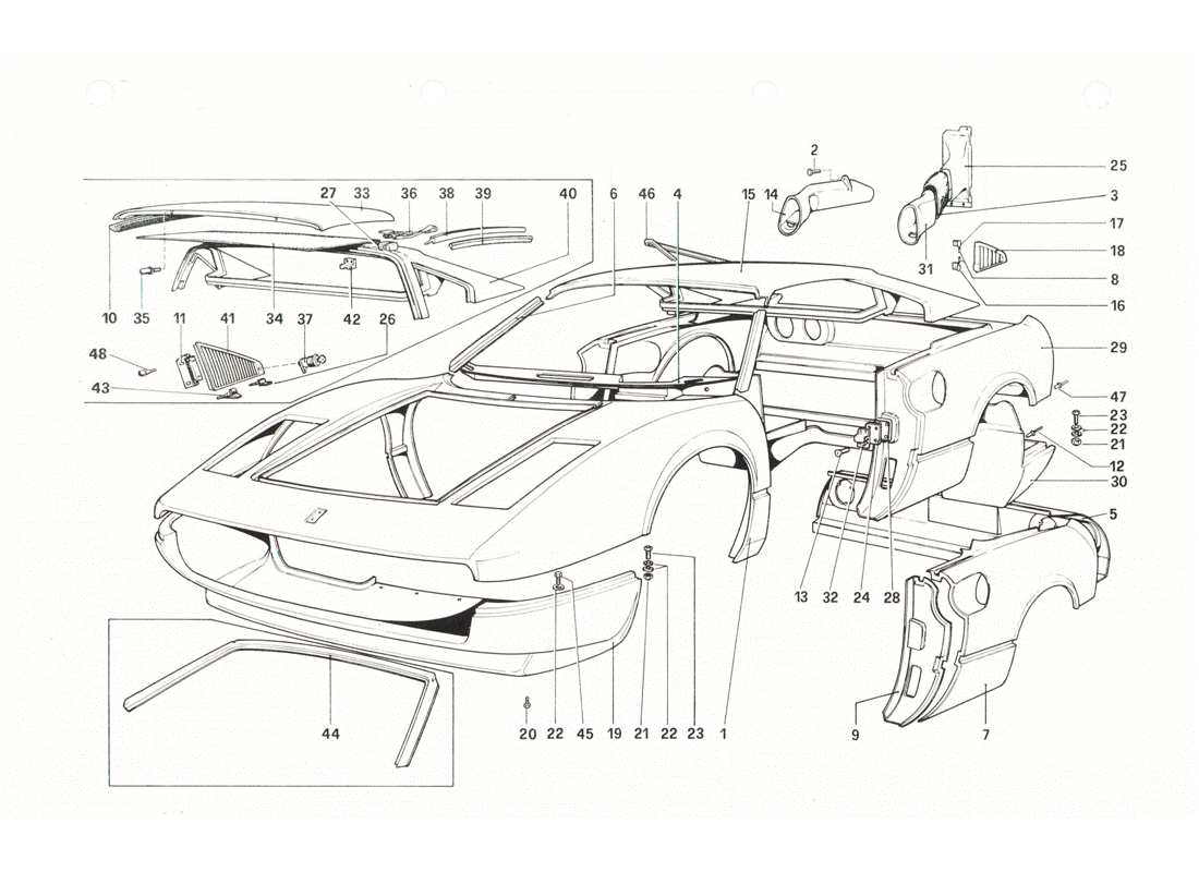 ferrari 208 gtb gts scocca - diagramma delle parti degli elementi esterni