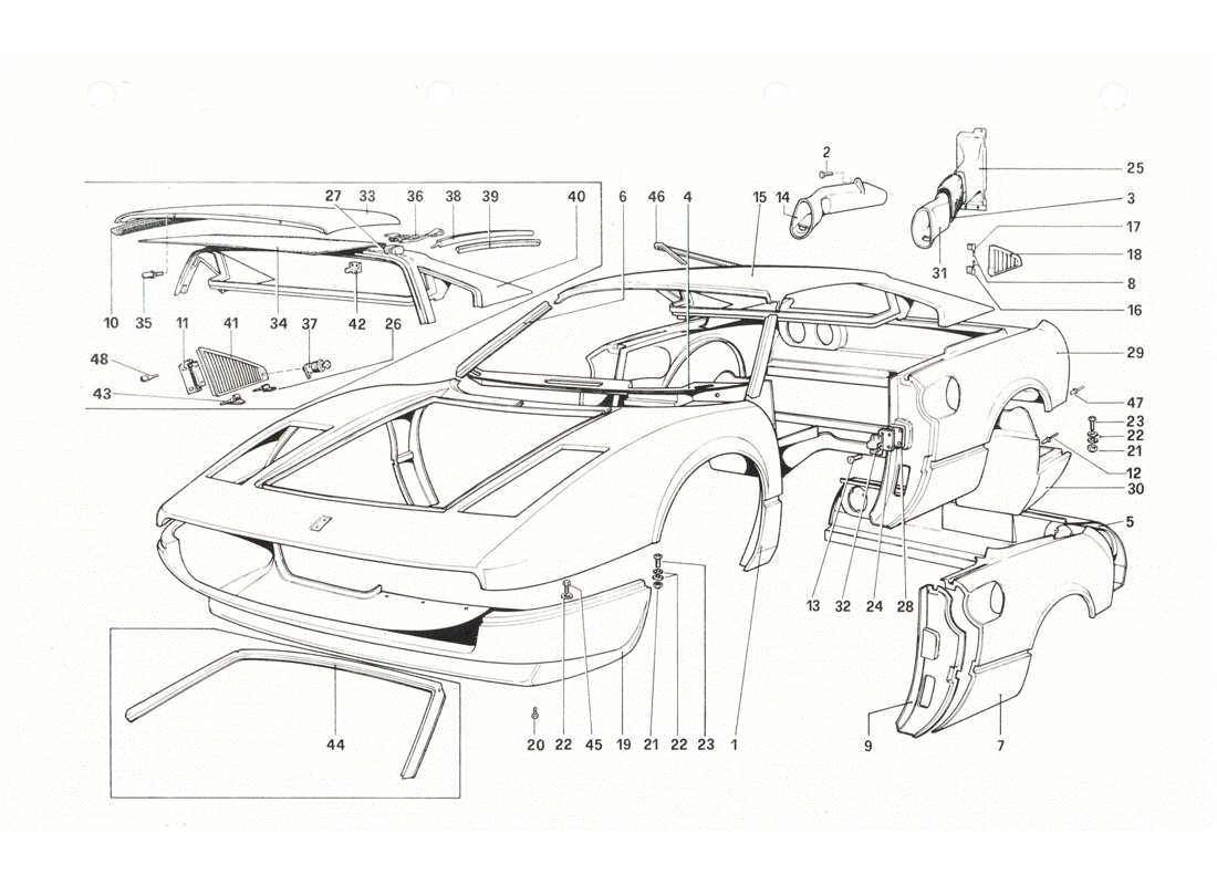 ferrari 208 gtb gts scocca - elementi esterni diagramma delle parti