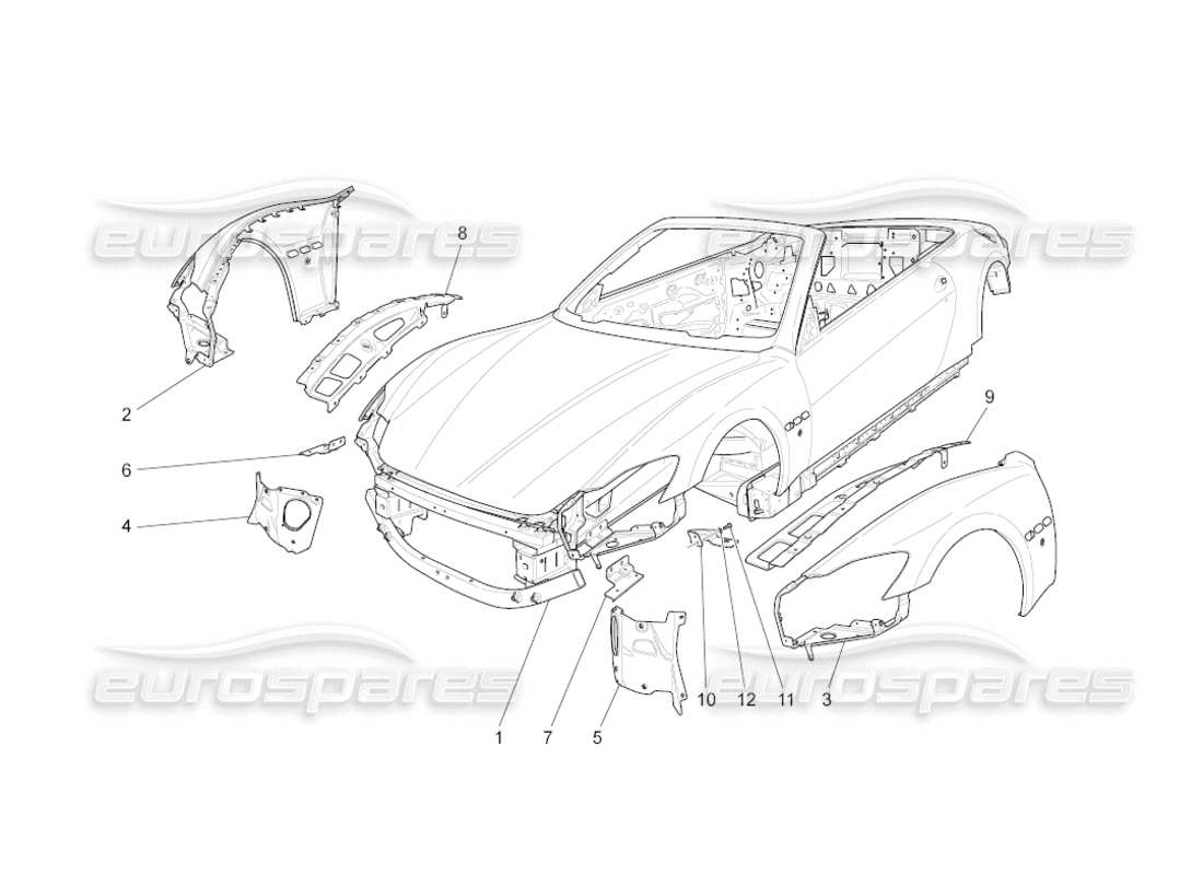 maserati grancabrio (2011) 4.7 carrozzeria e pannelli di rivestimento esterni anteriori diagramma delle parti