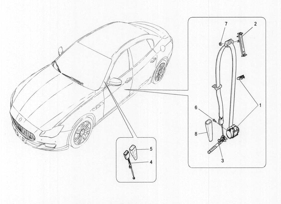 maserati qtp. v6 3.0 bt 410bhp 2wd 2017 diagramma delle parti delle cinture di sicurezza anteriori