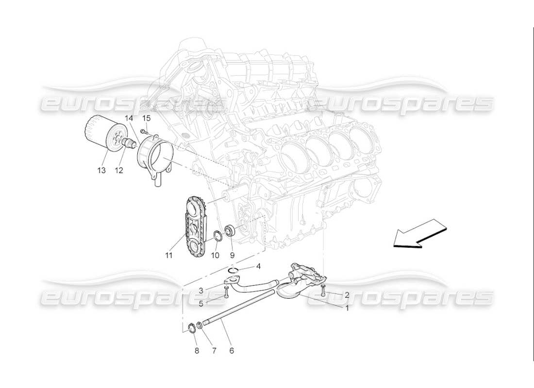 maserati qtp. (2009) 4.7 auto sistema di lubrificazione: diagramma delle parti di pompa e filtro