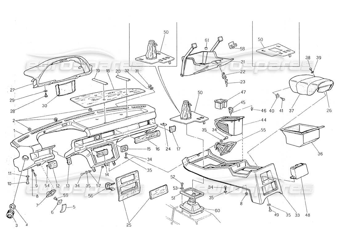 maserati 228 schema delle parti del pannello strumenti e della console (sterzo sinistro).