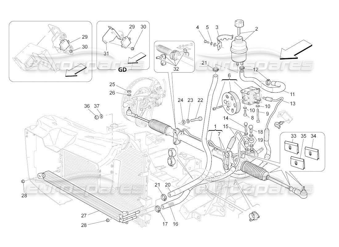 maserati qtp. (2011) 4.7 auto schema delle parti della scatola dello sterzo e della pompa dello sterzo idraulica