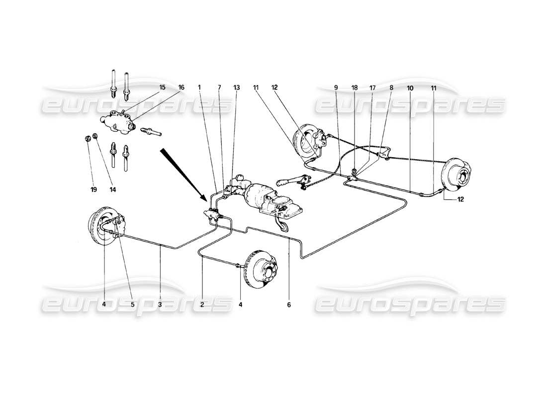 ferrari 308 (1981) gtbi/gtsi sistema di frenaggio diagramma delle parti