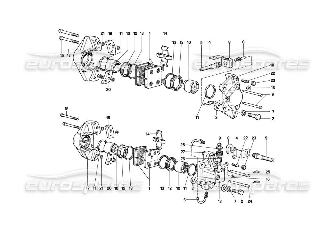 ferrari 308 (1981) gtbi/gtsi schema delle parti delle pinze dei freni anteriori e posteriori