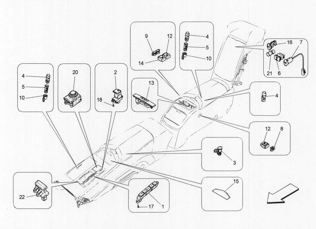 maserati qtp. v6 3.0 bt 410bhp 2wd 2017 diagramma delle parti dei dispositivi della console centrale
