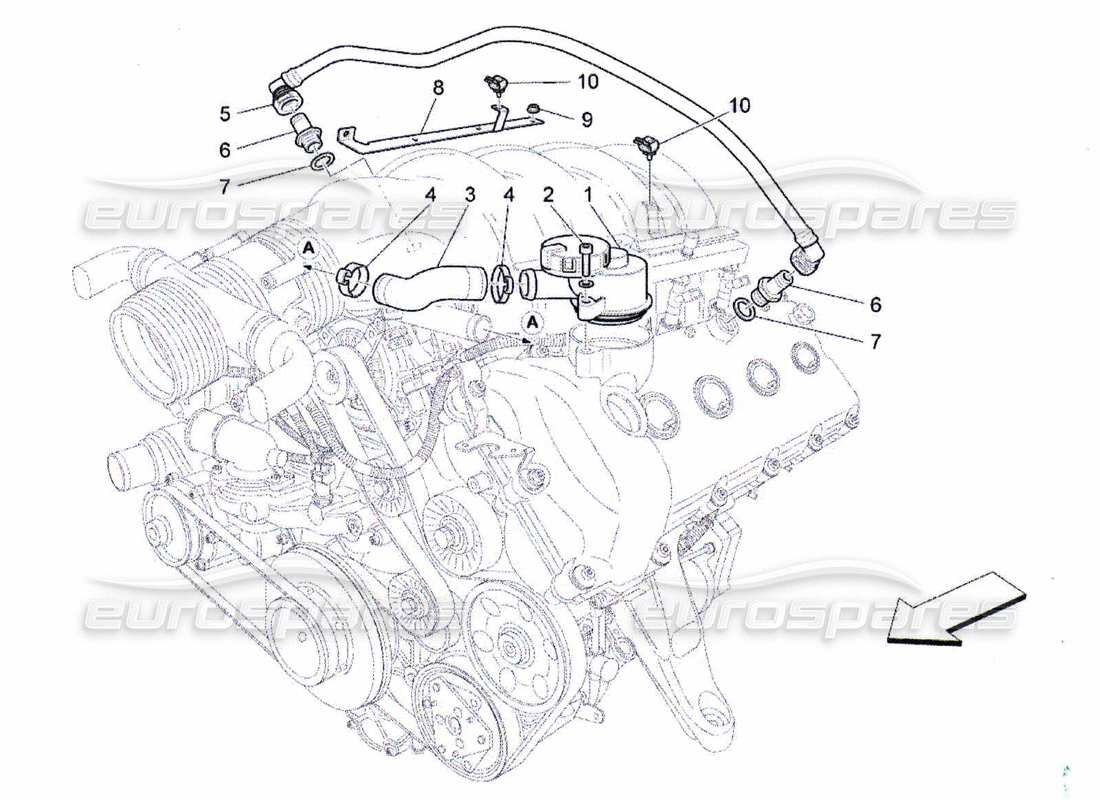 maserati qtp. (2010) 4.7 diagramma delle parti del sistema di ricircolo dei vapori d'olio