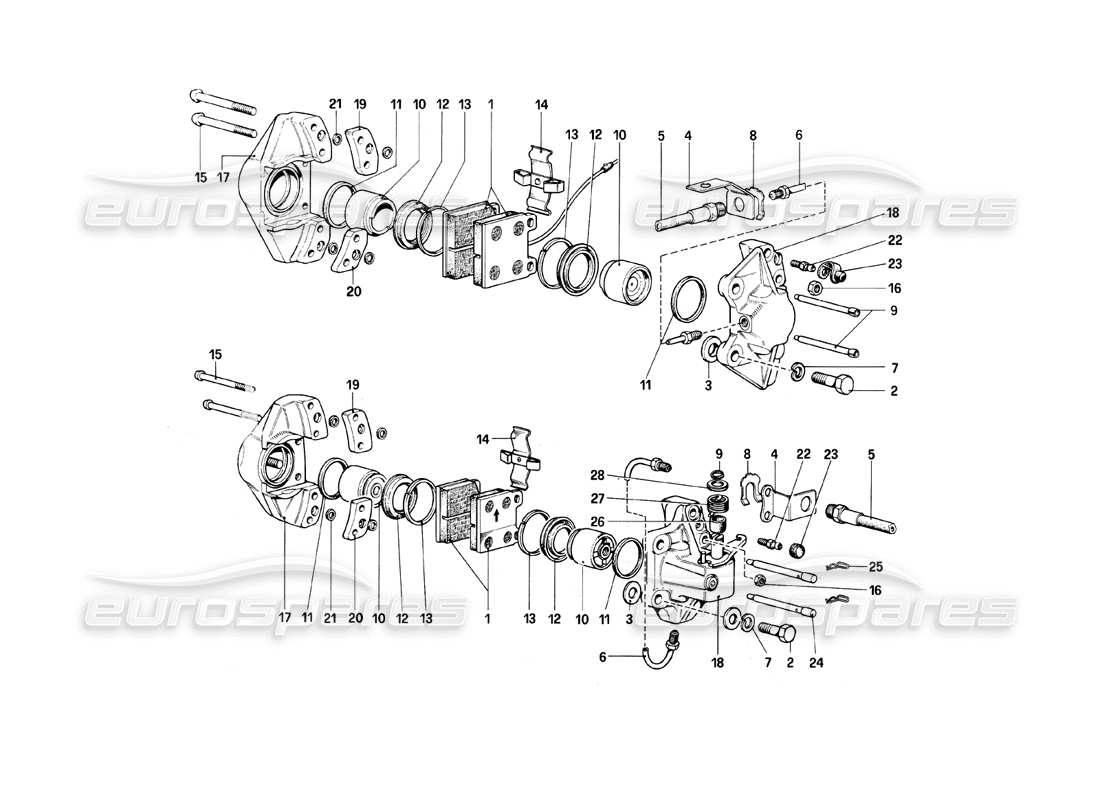 ferrari mondial 8 (1981) schema delle parti delle pinze dei freni anteriori e posteriori