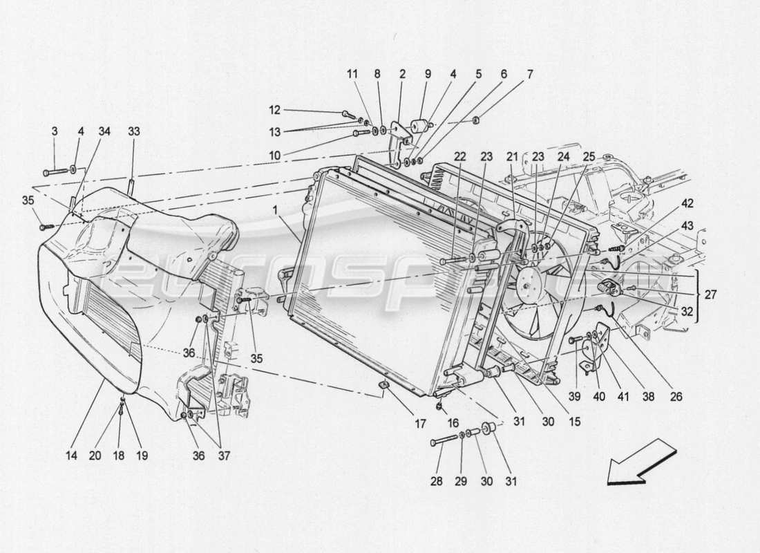 maserati granturismo special edition raffreddamento: diagramma delle parti dei radiatori dell'aria e dei condotti