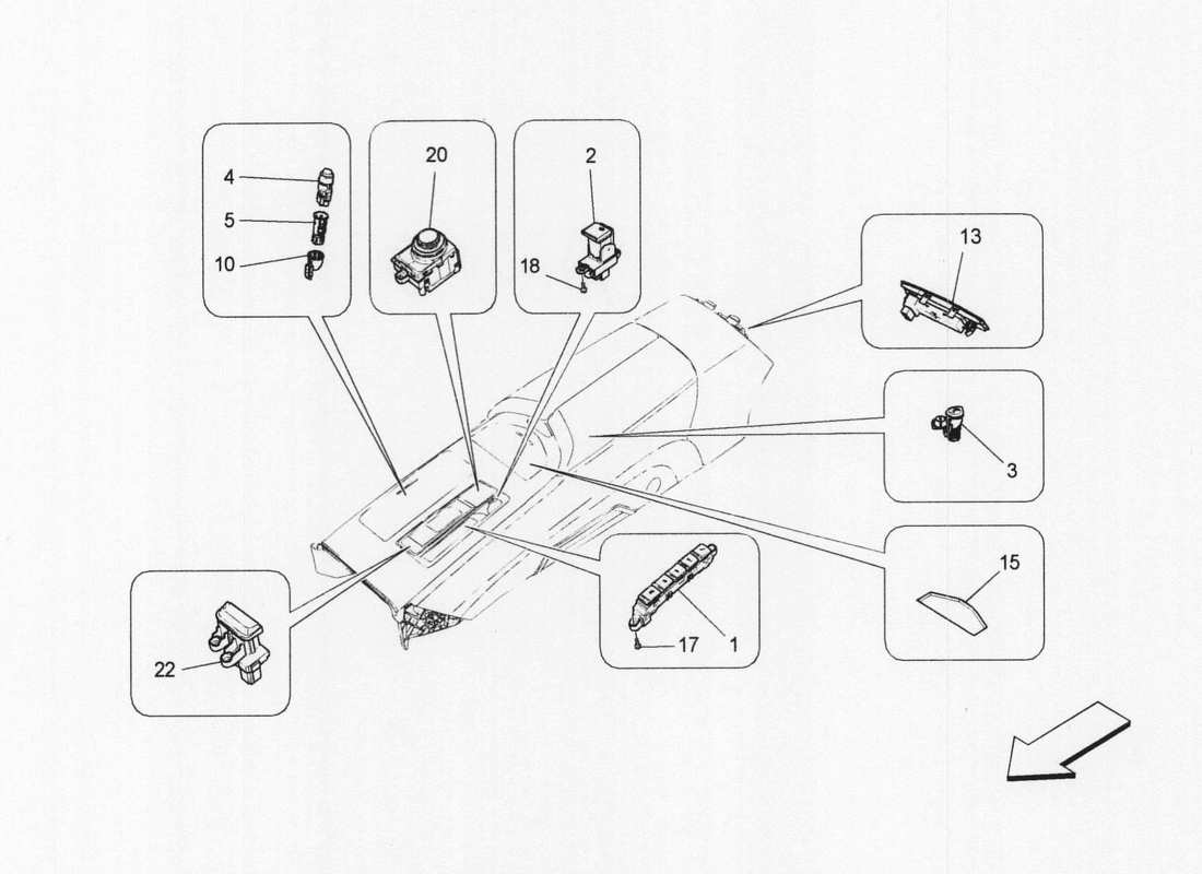maserati qtp. v6 3.0 bt 410bhp 2wd 2017 diagramma delle parti dei dispositivi della console centrale