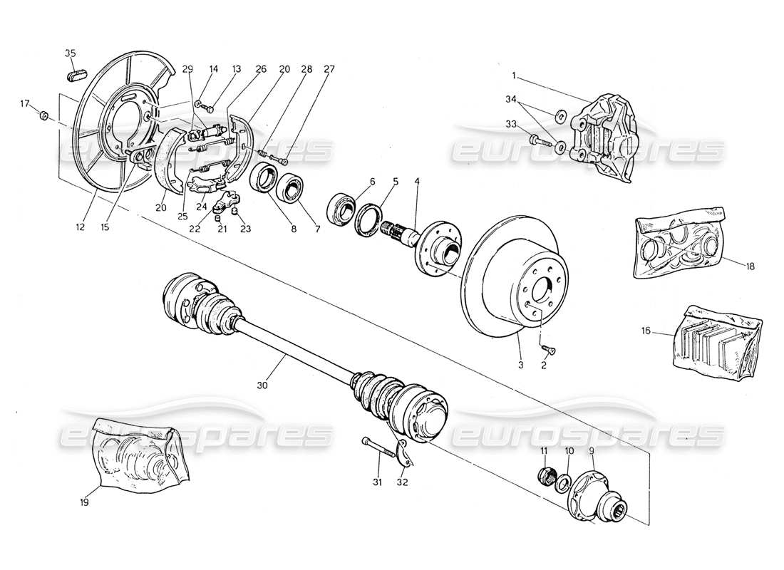 maserati 228 schema delle parti di mozzi, freni posteriori e alberi di trasmissione